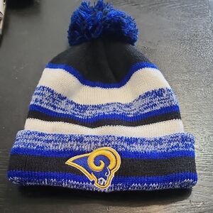 Blue and White Striped Beanie with Logo